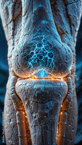 Abstract Representation of Human Knee Joint with Glowing Blue Neural Energy and Internal Heat Pain