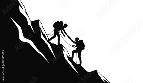 Two climbers assisting each other on a steep mountain slope black silhouette high quality professional detailed modern elegant stylish clean crisp vibrant colorful digital