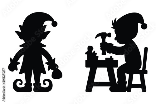 Canvas-taulu Christmas elves making toys in santa's workshop vector illustration