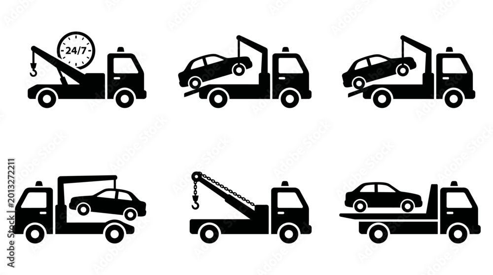 Naklejka premium Set of black tow truck icons displaying various emergency vehicle assistance services for broken down automobiles on the public road