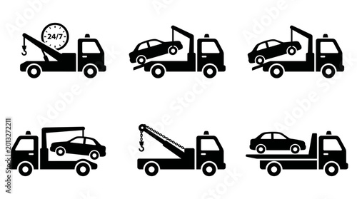 Fotografie Set of black tow truck icons displaying various emergency vehicle assistance ser
