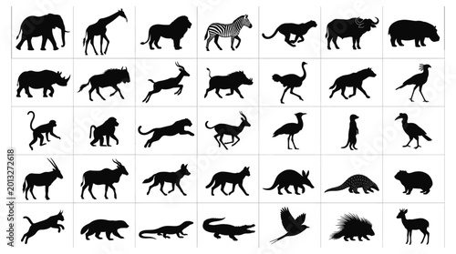 Photography Set of black animal silhouettes featuring various wild creatures from the africa