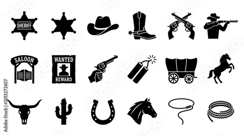 Photos Collection of wild west icons featuring sheriff badges cowboy hats revolvers hor