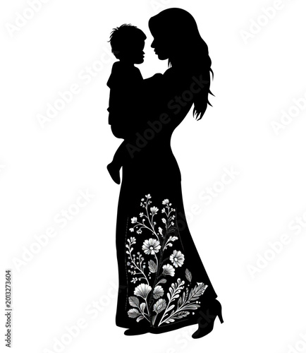 Happy Mother’s Day Botanical Mother and Son Silhouette Floral Illustration