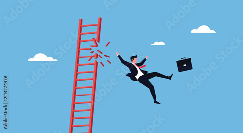 Canvas Print Businessman falling from broken ladder against blue sky background representing financial failure and risk management challenges in corporate career pathing