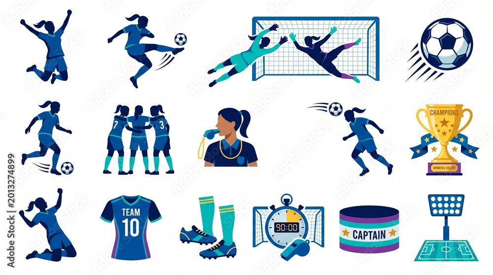 Fototapeta premium Women’s Soccer Themed Icon Collection with Female Football Players and Sports Equipment