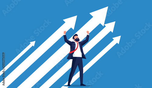 Cuadro en lienzo Man in suit celebrating success with arms raised against blue background with rising arrows symbolizing business growth achievement and victory
