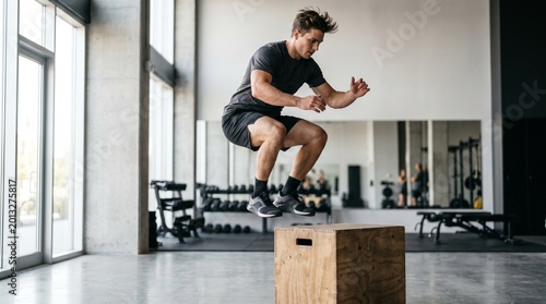 Athletic young man performing a high box jump during a cross-training workout in a modern gym