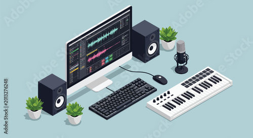 Foto Professional music production studio setup with computer monitor showing audio waves speakers keyboard midi controller and microphone on desktop workspace