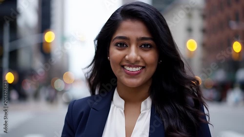 Calm Business Woman Standing with Closed Eyes on Busy City Street
