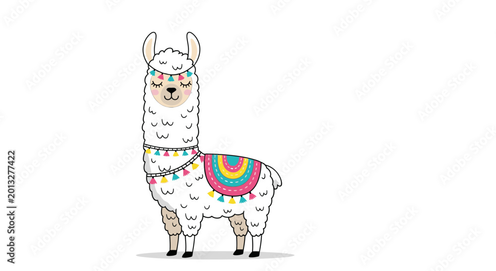 Fototapeta premium Cute Cartoon Llama with Colorful Blanket, Isolated on White Background