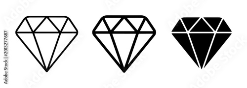 Canvas Print Minimalist diamond icon set, black outline and solid gem symbols, luxury jewelry