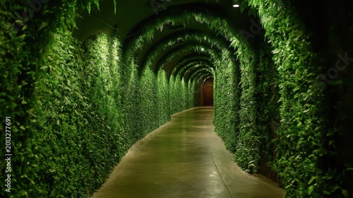 An Lush Greenery Lined Arched Corridor with Soft Lighting and an Entrance to Nature