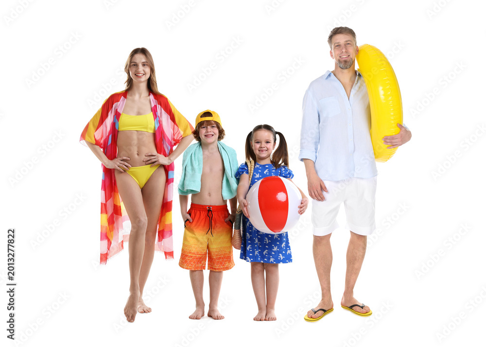 Obraz premium Happy family in beachwear. Portrait on white background