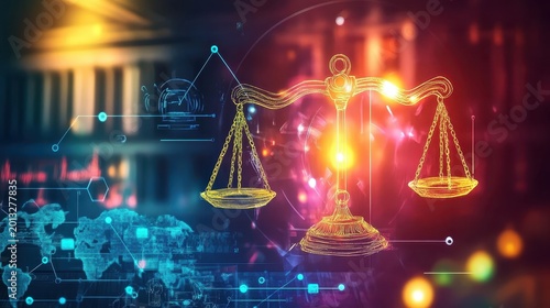 Plakat w ramie Abstract representation of legal balance and corporate ethics with glowing scales of justice