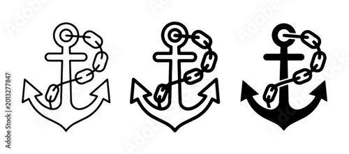 Fotografie Nautical anchor icon set with chain, minimalist maritime ship anchors in line an
