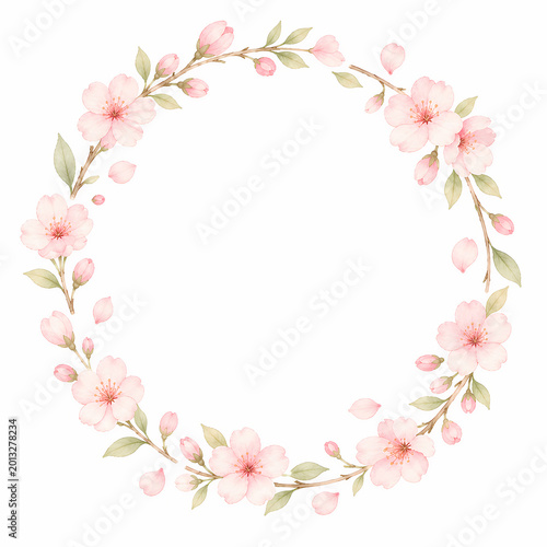 Round floral design with pink flowers and green leaves in a simple arrangement for decoration and crafts