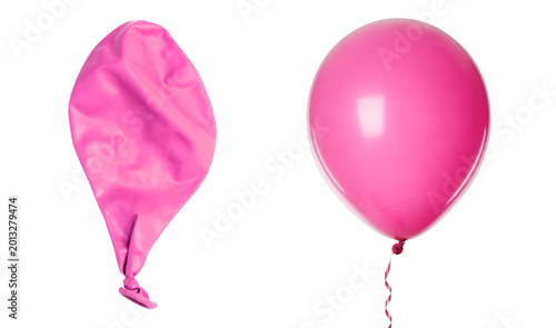 Fotografie Deflated and inflated pink balloon isolated on white, collage