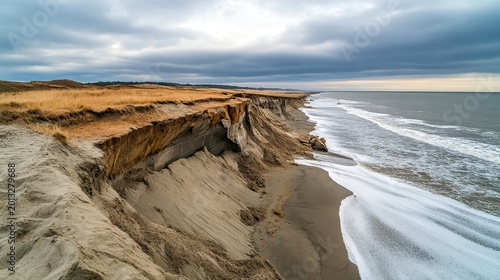Dramatic coastal erosion displays cliff face degradation from relentless ocean waves and rising sea levels