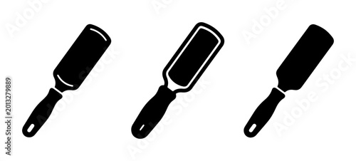 Foto Set of three black vector icons representing foot rasps, callus removers, and pe