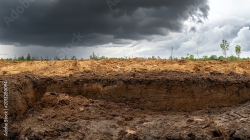 Eroded land landscape with dry soil layers beneath a dramatic overcast sky
