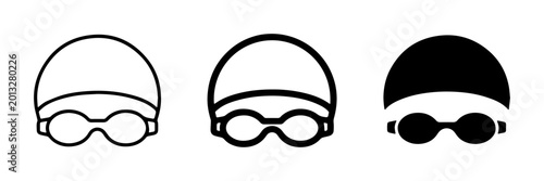 Fotografie Swimming Gear Icons: Caps and Goggles Set, Line Art and Solid Fill Variations fo