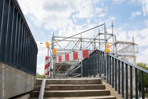 Photos Scaffolding and safety barriers on a bridge construction site over Vistula river in Warsaw city center, Poland