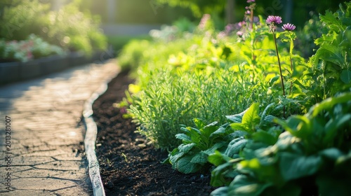 Lush green community garden with diverse plants and stone pathway bathed in warm sunlight