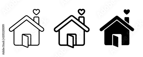 Home Sweet Home Icons, House with Heart Chimney Vector Set, Open Door Symbol for Real Estate and Love