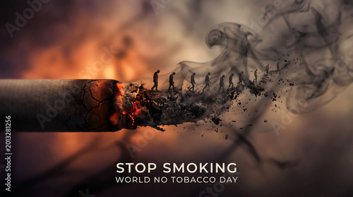 World No Tobacco Day stop smoking campaign with cigarette and silhouettes of people disintegrating into smoke