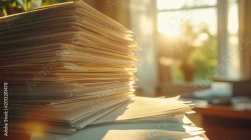 Large stack of financial documents illuminated by bright sunlight near a window with a blurred green background