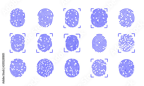 Canvastavla Biometric fingerprint scanning icons, set of 15 purple digital thumbprint vector