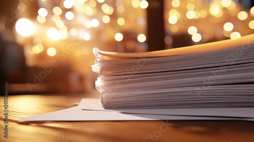 Stack of Business Documents with Blurred Golden Lights Background