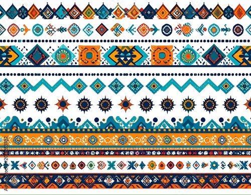 Seamless ethnic pattern with colorful geometric diamond shapes, sun motifs, and zigzags on white background. Tribal bohemian style for textile print and fashion.