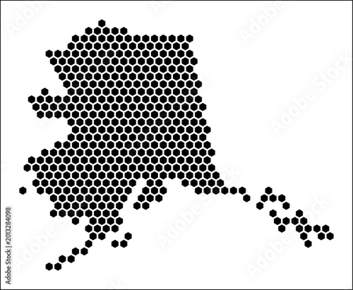 Alaska hexagon map. Plain black and white dotted shape template. State tiny hexagon cells. Alaska flat honeycomb template. Vector Illustration.