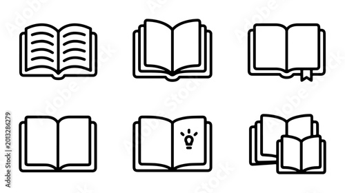 Foto Open Book Icons, Set of 6 Simple Line Art Illustrations, Knowledge and Education