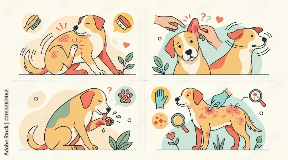 Obraz premium Illustration shows a dog experiencing allergy symptoms. Vet examines the dog and treats the affected areas. Various symptoms are displayed.