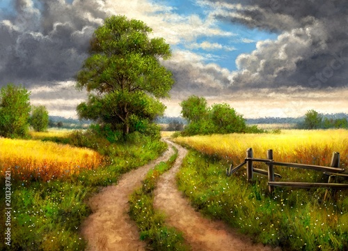 Rural summer landscape with a winding dirt road and golden wheat fields under a dramatic cloudy sky, oil painting style.