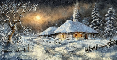Traditional Ukrainian winter night landscape with cozy thatched cottages, oil painting style.