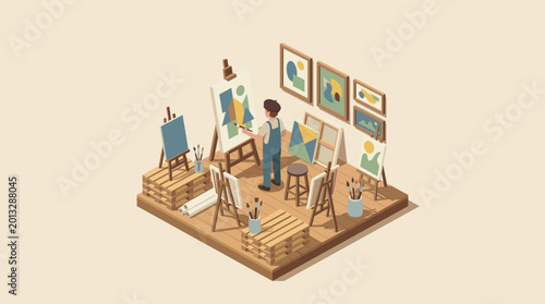 Isometric view of a dedicated artist in their creative studio space craft and art at work
