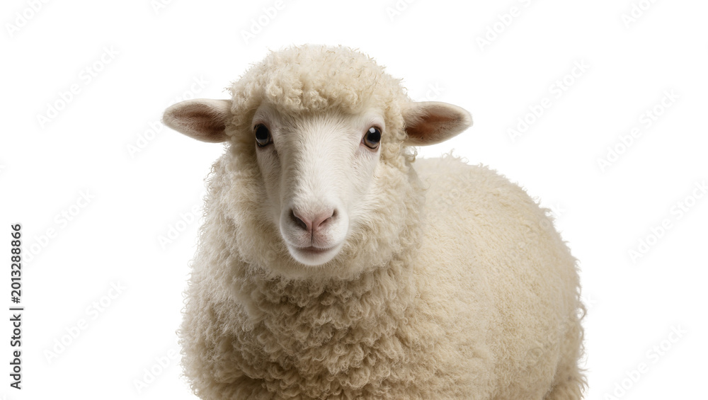 Fototapeta premium Isolated studio shot of a cute young white lamb with curly wool looking directly at camera