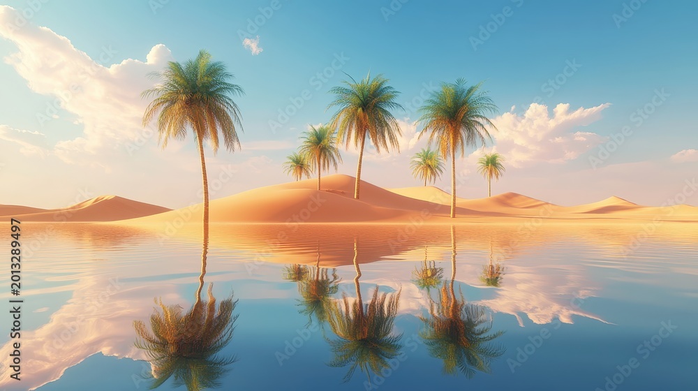 Fototapeta premium Vibrant Palm Trees Reflecting in Desert Oasis Water Under a Serene Blue Sky