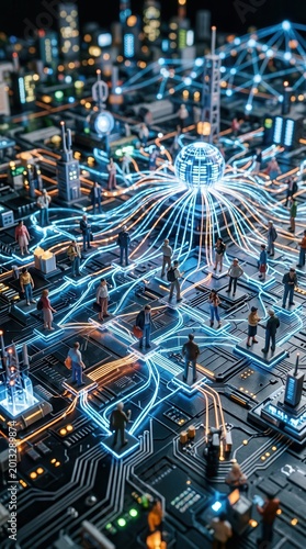 Digital Network of Connected People on a Futuristic Circuit Board