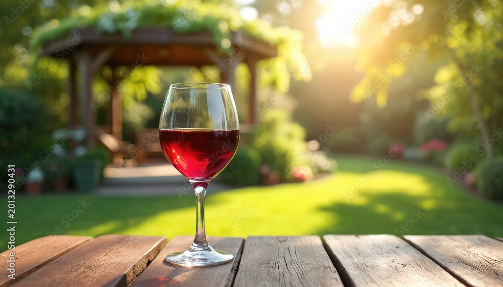 Obraz premium Glass of red wine sits on a wooden table. Rich green garden with gazebo in background. Bright sun shines through leaves, casting shadows. Peaceful outdoor setting invites relaxation. Perfect moment.