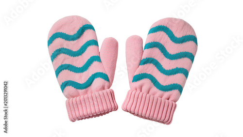 Obraz na płótnie Isolated warm knitted pink mittens with turquoise wavy pattern ready for winter