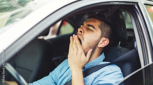 Young man yawning while driving car, experiencing extreme fatigue and drowsiness, risking road safety and potential accidents due to exhaustion