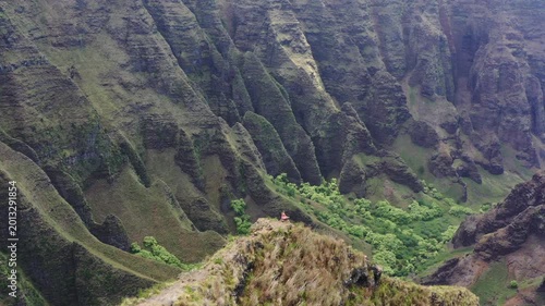 Epic woman on cliff edge Na Pali Coast, aerial, Kauai, Hawaii