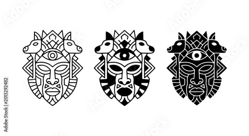Fotografie Tribal Mask Icons, Ethnic Face Symbols, Ancient Culture Art