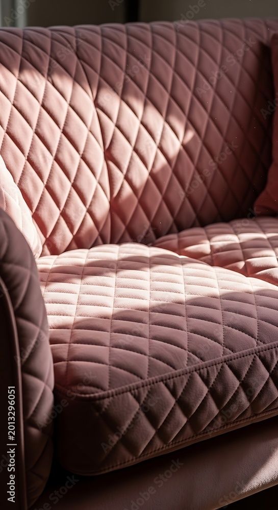 Fototapeta premium Soft Pink Quilted Sofa Bathed in Sunlight in Cozy Interior