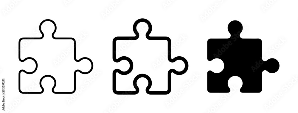 Fototapeta premium Puzzle Piece Icons, Set of 3, Outline and Solid Black, Graphic Elements for Connection and Solution Concepts